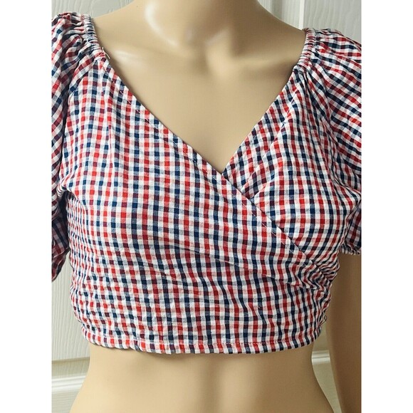 SIM & SAM Puff Sleeve Gingham Crop Top S Smock back Cowgirl Cottagecore Patriot - Picture 3 of 9